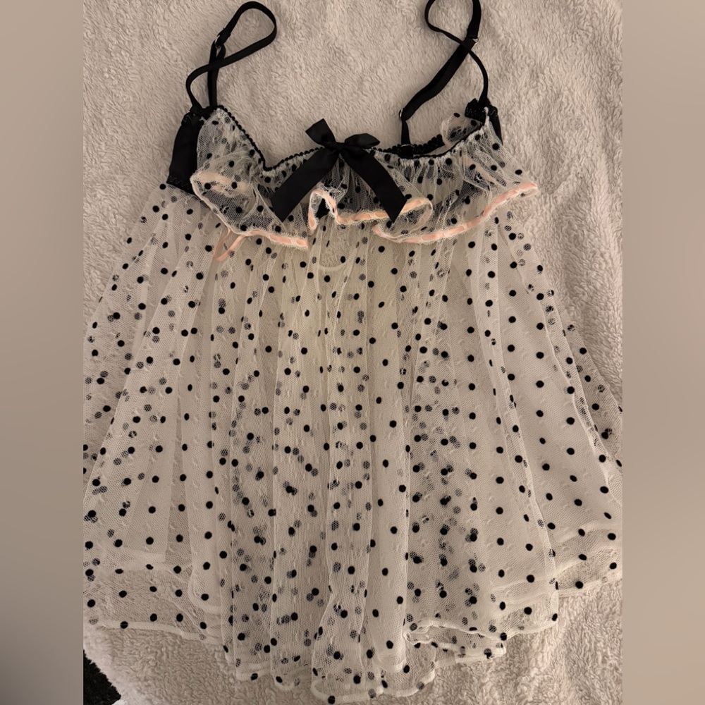 Victoria's Secret Black and White Polka Dot Sheer Babydoll Peek-a-boo Lace Top